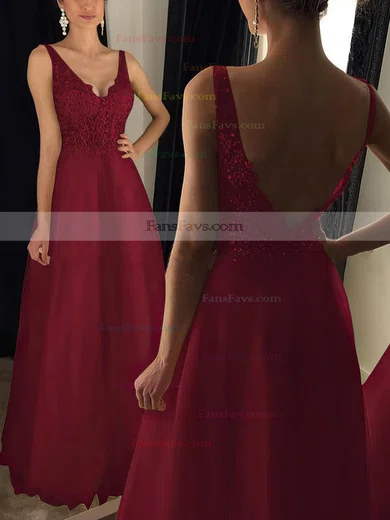 Princess V-neck Tulle Floor-length Appliques Lace Prom Dresses #Favs020102889