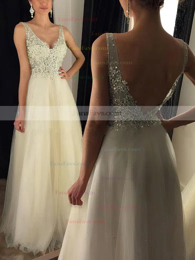 Princess V-neck Tulle Floor-length Appliques Lace Prom Dresses #Favs020102889