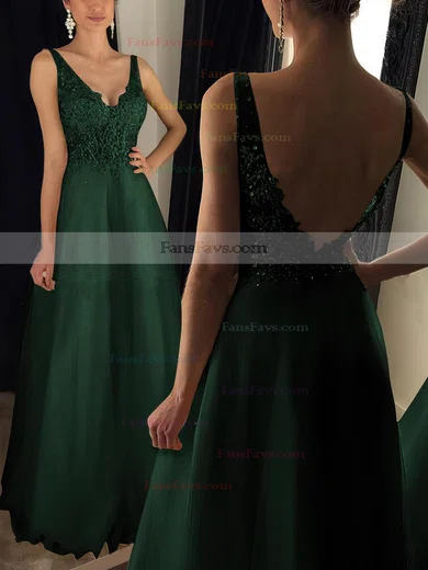 Princess V-neck Tulle Floor-length Appliques Lace Prom Dresses #Favs020102889