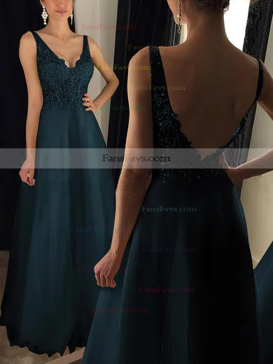 Princess V-neck Tulle Floor-length Appliques Lace Prom Dresses #Favs020102889