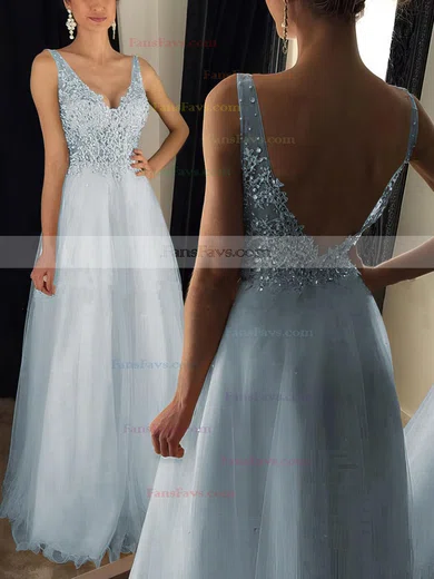 Princess V-neck Tulle Floor-length Appliques Lace Prom Dresses #Favs020102889