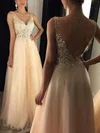 Princess V-neck Tulle Floor-length Appliques Lace Prom Dresses #Favs020102889