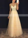 Princess V-neck Tulle Floor-length Appliques Lace Prom Dresses #Favs020102889