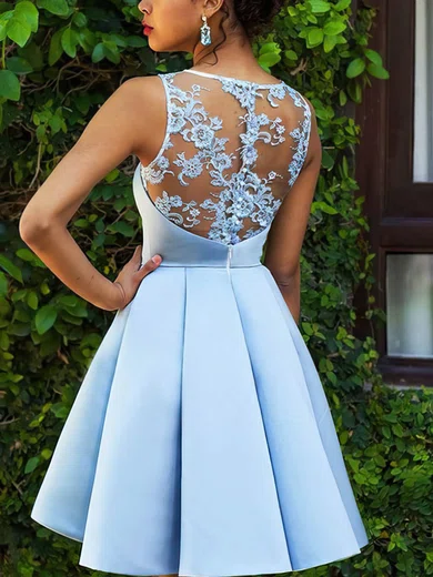 A-line Scoop Neck Satin Short/Mini Appliques Lace Short Prom Dresses #Favs020020109014