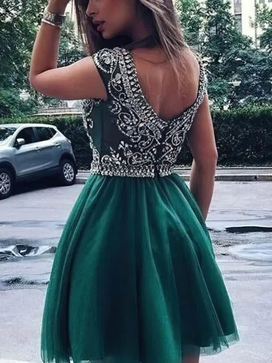 A-line Scoop Neck Tulle Short/Mini Beading Short Prom Dresses #Favs020020109015