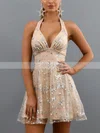 A-line Halter Tulle Short/Mini Short Prom Dresses With Sequins #Favs020020111329