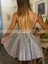 A-line V-neck Glitter Short/Mini Short Prom Dresses With Beading #Favs020020111331