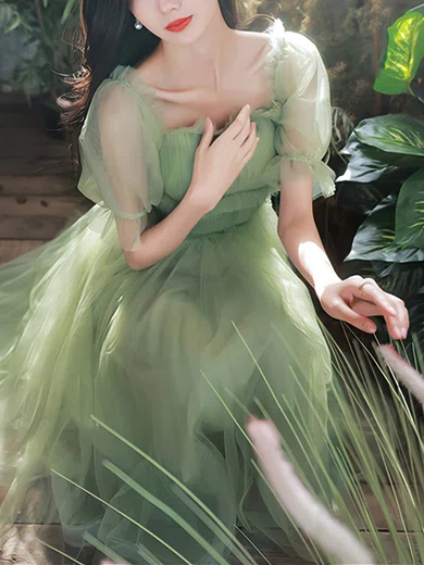 A-line Square Neckline Tulle Knee-length Short Prom Dresses #Favs020020109935