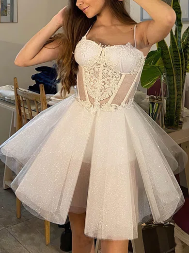 A-line Sweetheart Glitter Short/Mini Short Prom Dresses With Appliques Lace #Favs020020111332