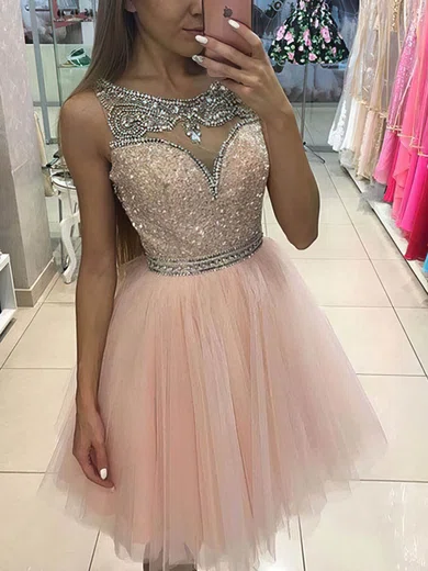 A-line Scoop Neck Tulle Short/Mini Beading Short Prom Dresses #Favs020020109021