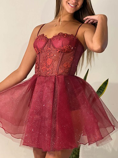A-line Sweetheart Glitter Short/Mini Short Prom Dresses With Appliques Lace #Favs020020111337