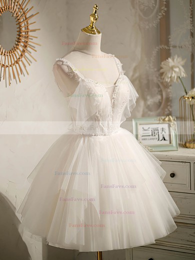 A-line V-neck Tulle Short/Mini Short Prom Dresses With Pearl Detailing #Favs020020109940