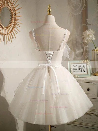 A-line V-neck Tulle Short/Mini Short Prom Dresses With Pearl Detailing #Favs020020109940