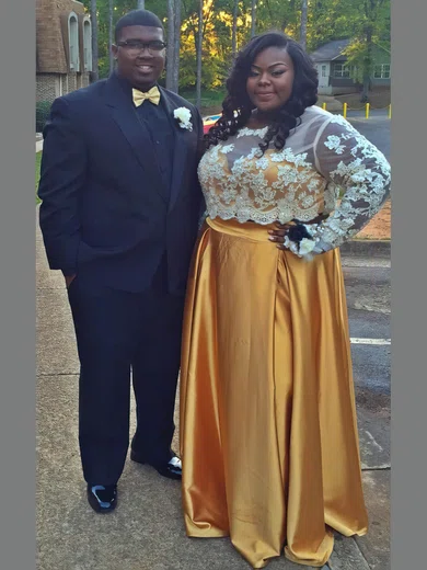 A-line Scoop Neck Satin Floor-length Appliques Lace prom dress #Favs020106029