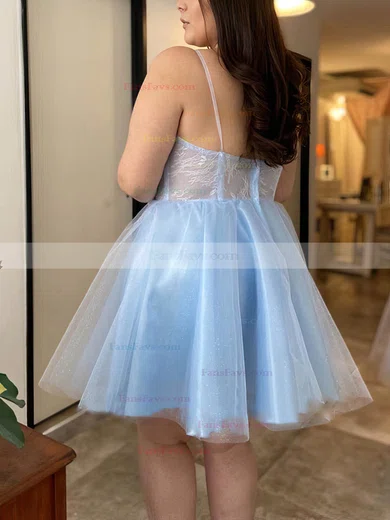 A-line V-neck Lace Tulle Knee-length Short Prom Dresses With Appliques Lace #Favs020020111342