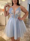 A-line V-neck Lace Tulle Knee-length Short Prom Dresses With Appliques Lace #Favs020020111342