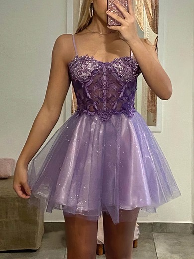 A-line Sweetheart Lace Tulle Short/Mini Short Prom Dresses With Appliques Lace #Favs020020111343
