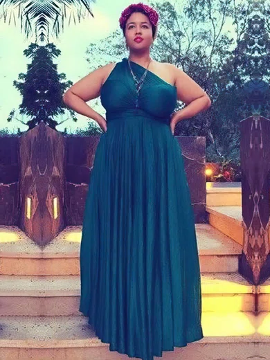 A-line One Shoulder Satin Chiffon Floor-length Ruffles prom dress #Favs020105994