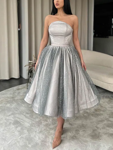 A-line Strapless Glitter Tea-length Short Prom Dresses #Favs020020111344