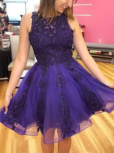 A-line Scoop Neck Tulle Short/Mini Beading Short Prom Dresses #Favs020020109031