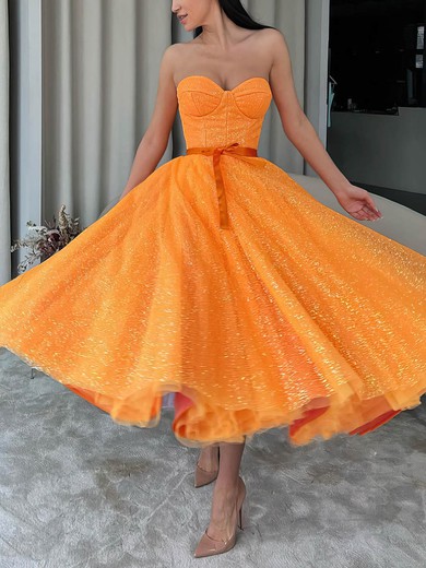 A-line Sweetheart Glitter Tea-length Short Prom Dresses With Sashes / Ribbons #Favs020020111345