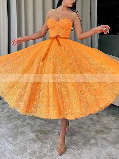 A-line Sweetheart Glitter Tea-length Short Prom Dresses With Sashes / Ribbons #Favs020020111345