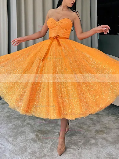 A-line Sweetheart Glitter Tea-length Short Prom Dresses With Sashes / Ribbons #Favs020020111345