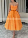 A-line Sweetheart Glitter Tea-length Short Prom Dresses With Sashes / Ribbons #Favs020020111345