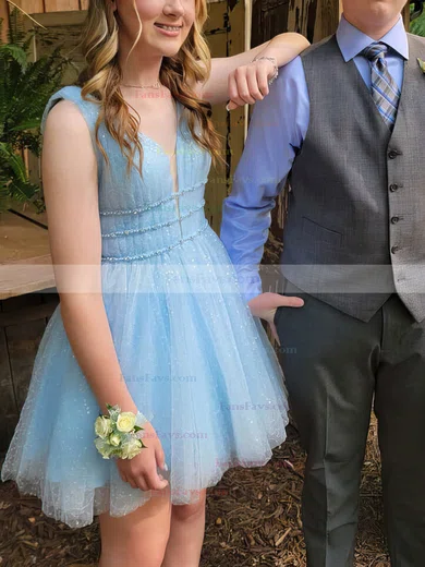 A-line V-neck Tulle Short/Mini Short Prom Dresses With Beading #Favs020020110713