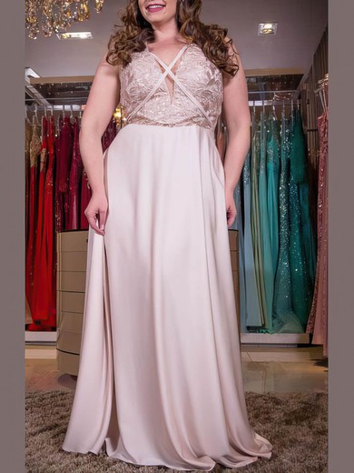 A-line V-neck Satin Chiffon Floor-length Lace prom dress #Favs020105999