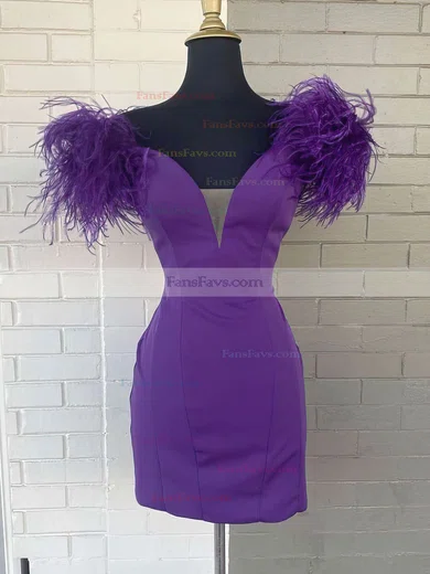 Sheath/Column Off-the-shoulder Stretch Crepe Short/Mini Short Prom Dresses With Feathers / Fur #Favs020020110715