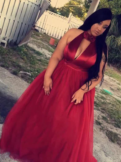 A-line Halter Satin Tulle Sweep Train Ruffles prom dress #Favs020106001