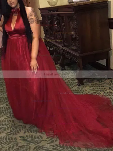 A-line Halter Satin Tulle Sweep Train Ruffles prom dress #Favs020106001