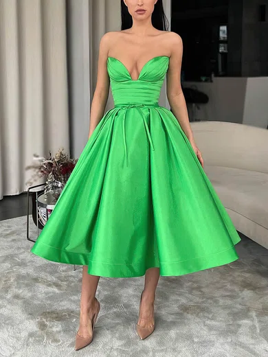 Ball Gown V-neck Satin Tea-length Short Prom Dresses With Pockets #Favs020020111349