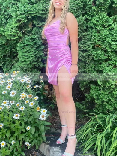 Sheath/Column V-neck Silk-like Satin Short/Mini Short Prom Dresses With Split Front #Favs020020110720