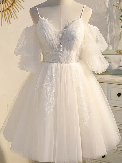 A-line Off-the-shoulder Tulle Short/Mini Short Prom Dresses With Lace #Favs020020109954