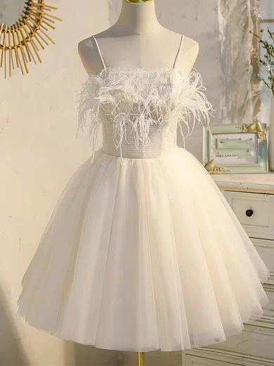 A-line Square Neckline Tulle Short/Mini Short Prom Dresses With Feathers / Fur #Favs020020109955