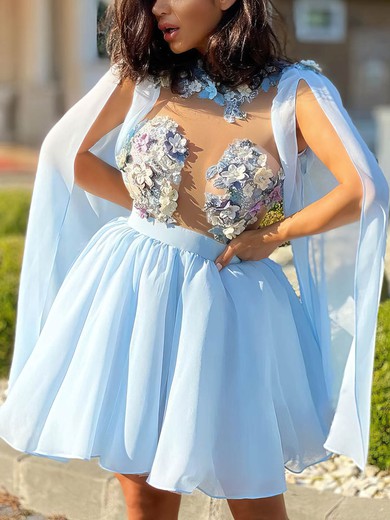 A-line High Neck Chiffon Tulle Short/Mini Short Prom Dresses With Beading #Favs020020111357
