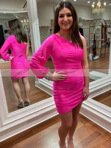 Sheath/Column One Shoulder Silk-like Satin Short/Mini Short Prom Dresses With Ruffles #Favs020020109959