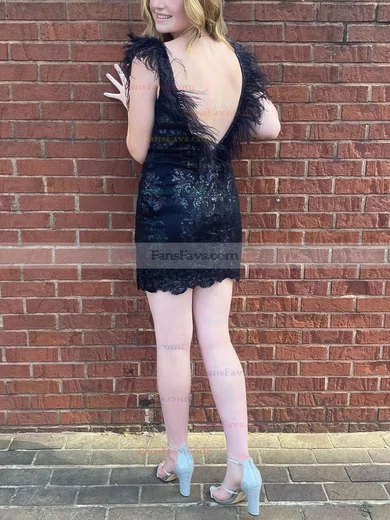 Sheath/Column V-neck Sequined Short/Mini Short Prom Dresses With Feathers / Fur #Favs020020110730