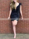 Sheath/Column V-neck Sequined Short/Mini Short Prom Dresses With Feathers / Fur #Favs020020110730