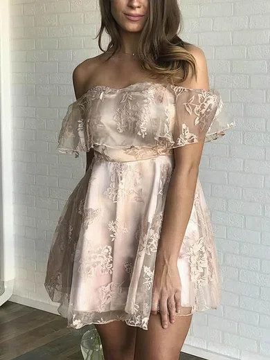 A-line Off-the-shoulder Tulle Lace Short/Mini Short Prom Dresses With Appliques Lace #Favs020020111364