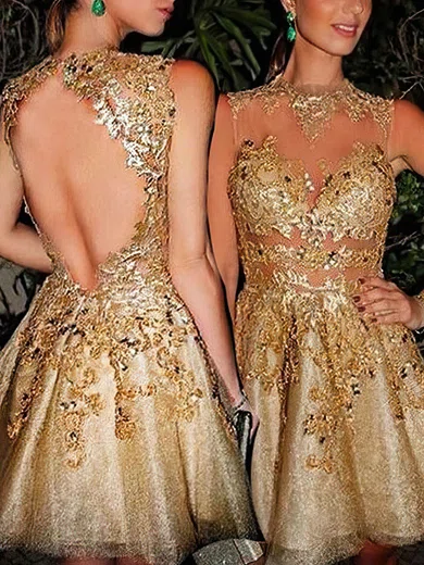 A-line Scoop Neck Tulle Lace Short/Mini Appliques Lace Short Prom Dresses #Favs020020109052