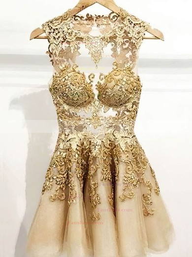 A-line Scoop Neck Tulle Lace Short/Mini Appliques Lace Short Prom Dresses #Favs020020109052