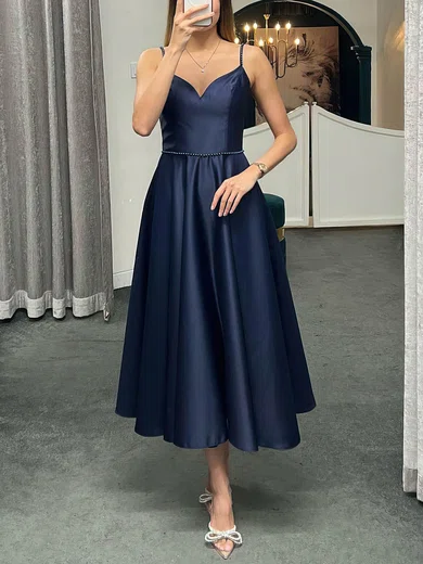 A-line V-neck Satin Ankle-length Short Prom Dresses With Pockets #Favs020020111365