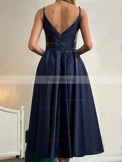 A-line V-neck Satin Ankle-length Short Prom Dresses With Pockets #Favs020020111365