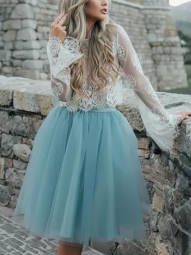 A-line Scoop Neck Lace Tulle Knee-length Short Prom Dresses #Favs020020109053