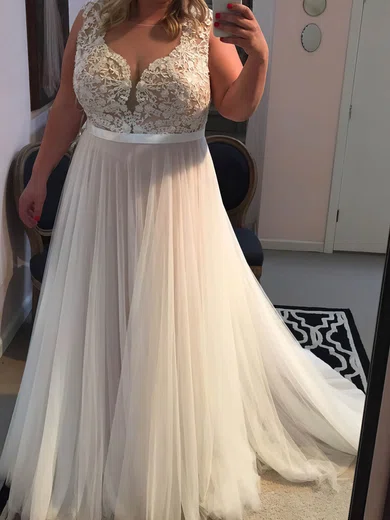 A-line Scoop Neck Tulle Floor-length Lace prom dress #Favs020105953