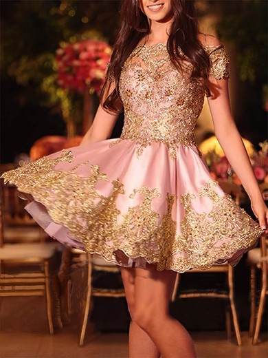 A-line Off-the-shoulder Lace Satin Short/Mini Appliques Lace Short Prom Dresses #Favs020020109054