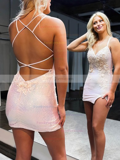 Sheath/Column V-neck Sequined Short/Mini Short Prom Dresses With Appliques Lace #Favs020020111368
